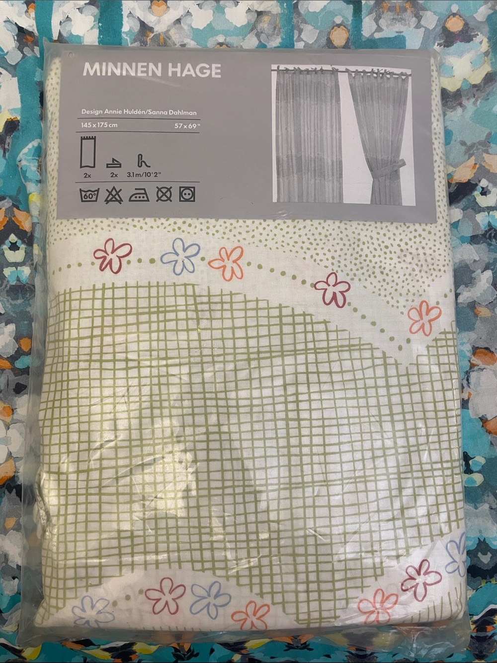 New IKEA Floral Grid Curtain Panel - White with Green Set of 2